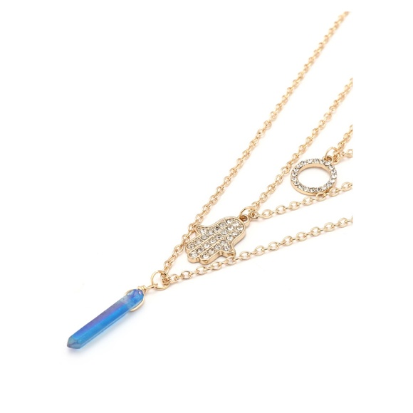 Gold Blue Stone Rhinestones Pendant Necklace - Picture 3 of 4